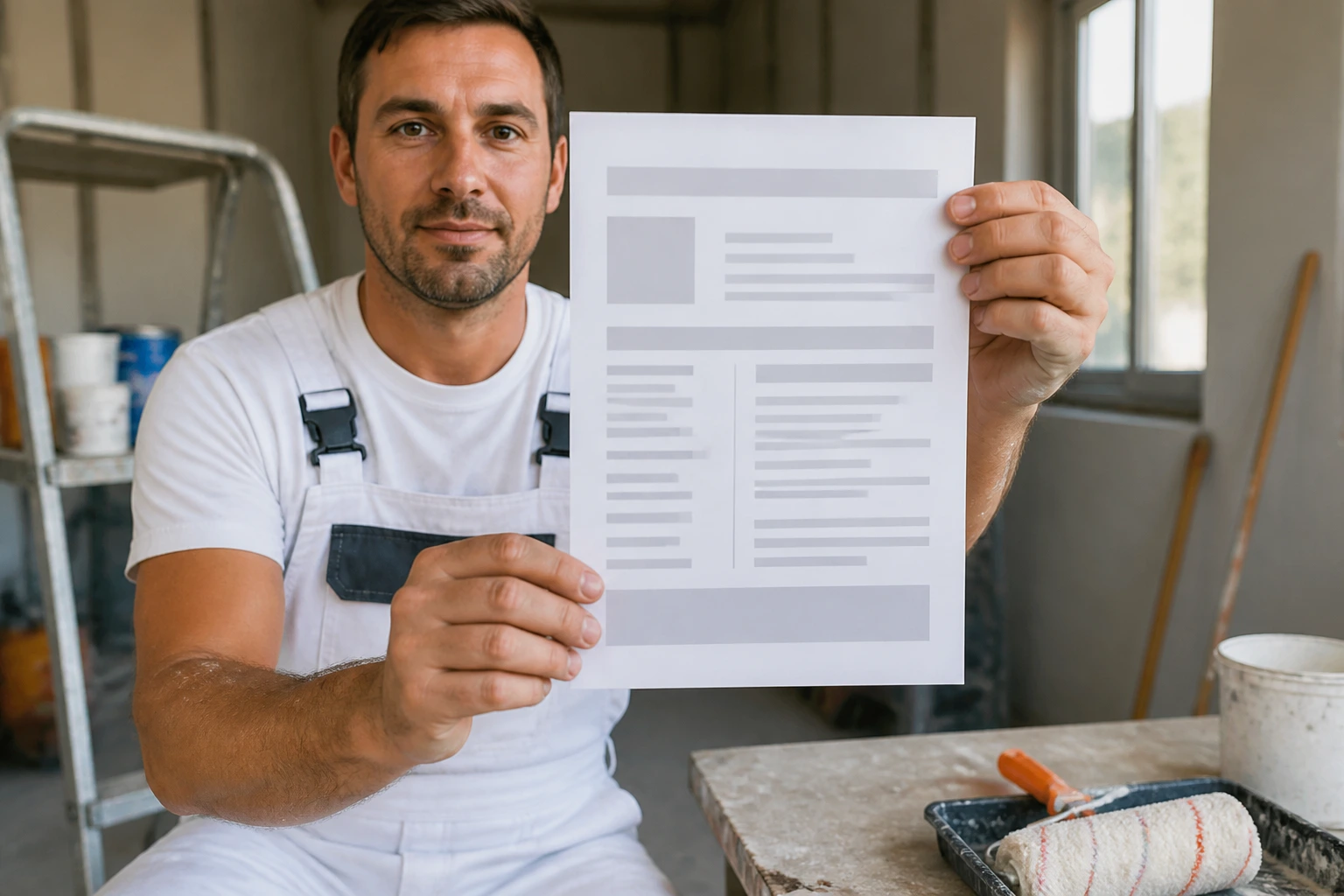 Medium close-up of a person presenting a blank resume sheet with abstract blocks