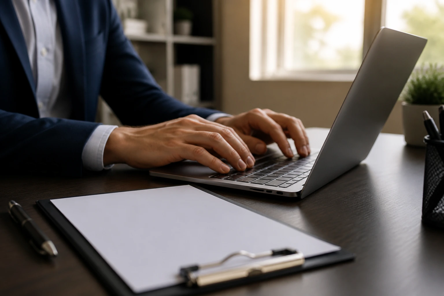 Person typing on laptop at desk with a blank resume in the foreground