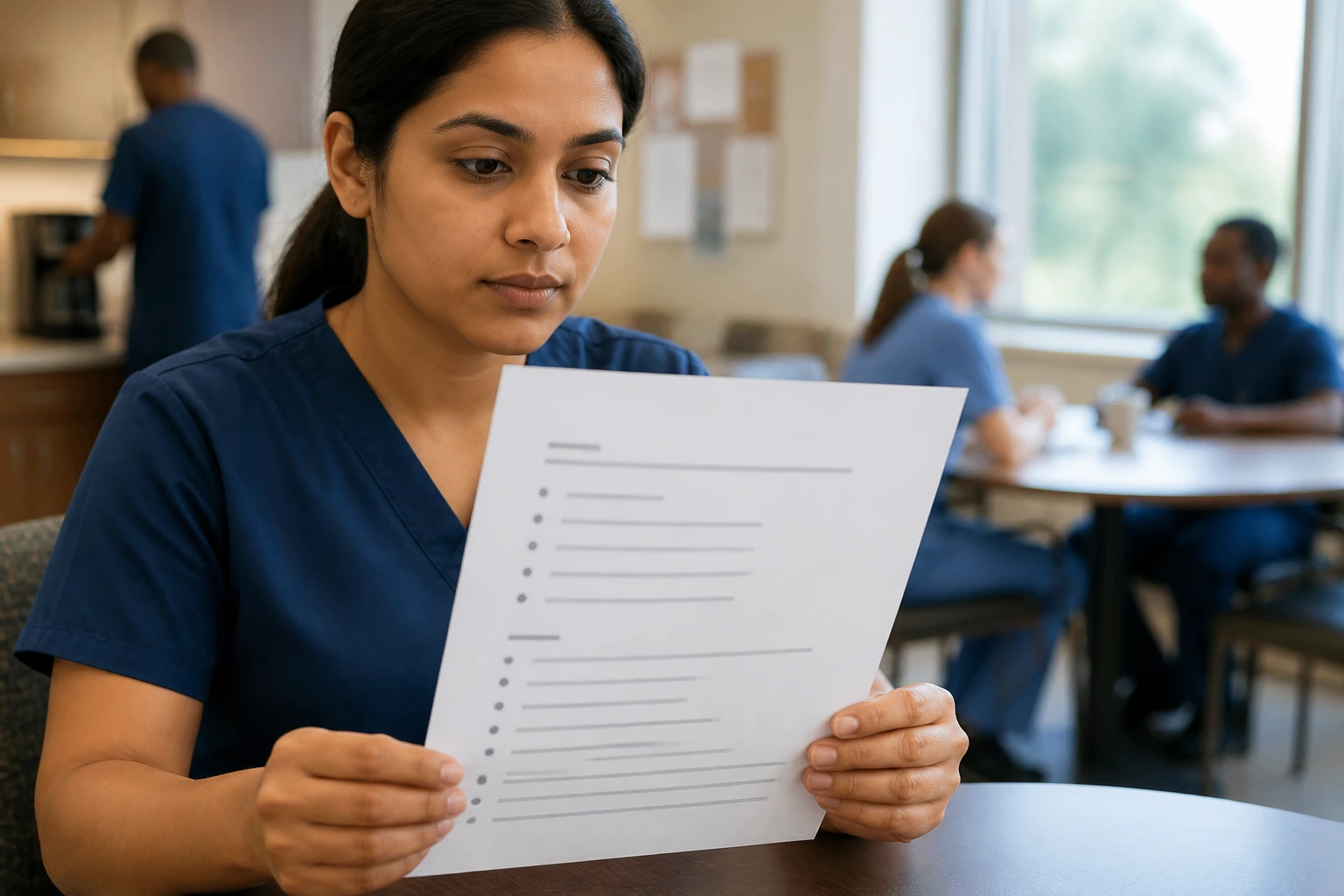 Real person reviewing a resume with only bullet lines visible, no words, in a hospital break room.