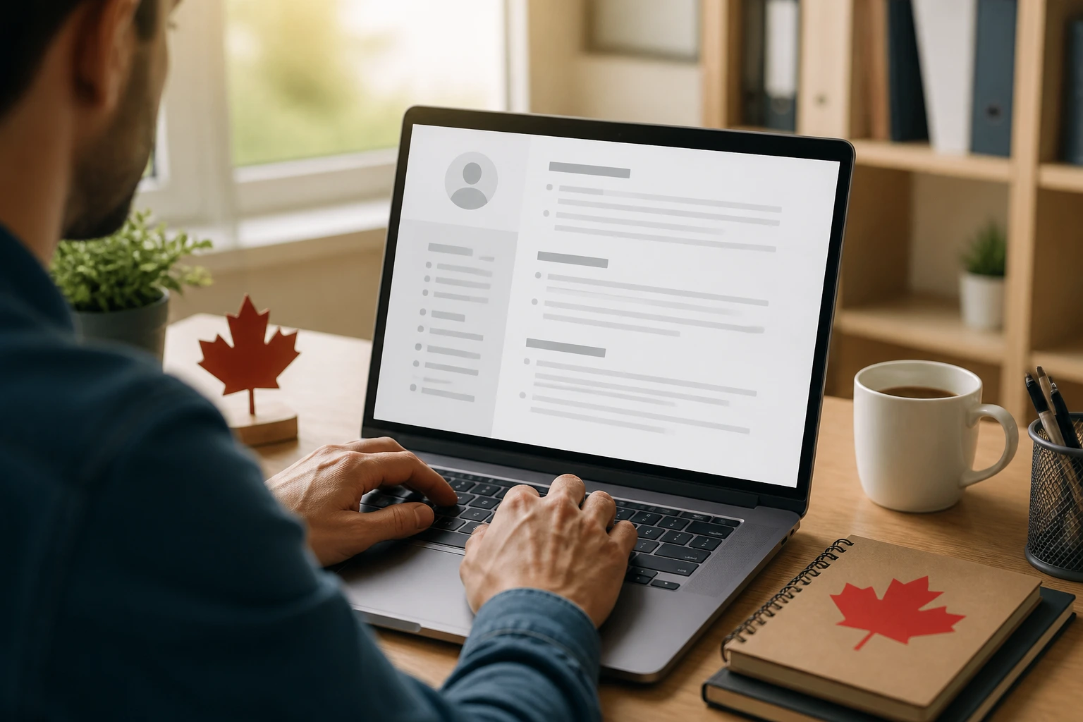 Person editing a resume on laptop in clean home office.