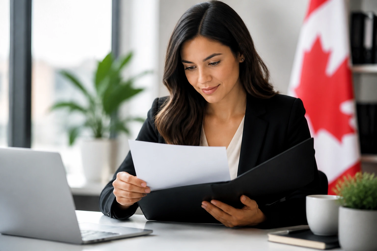 Person at desk reviewing a resume at a professional setting