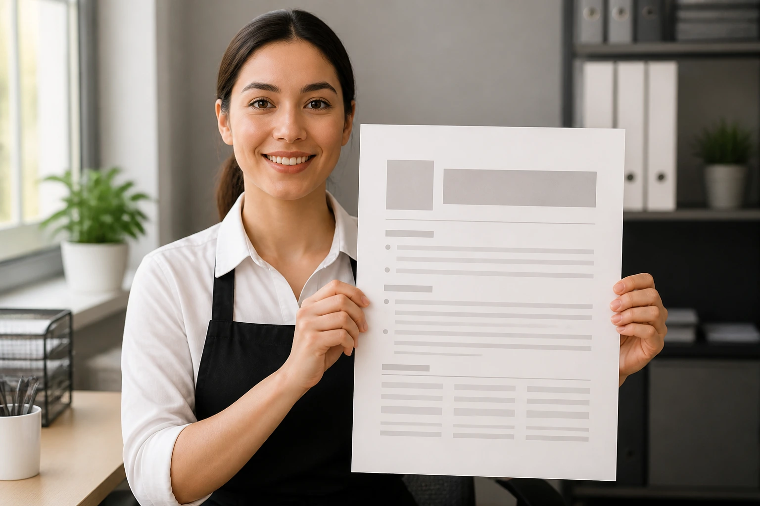 Real person holding a blank resume with placeholders, no text