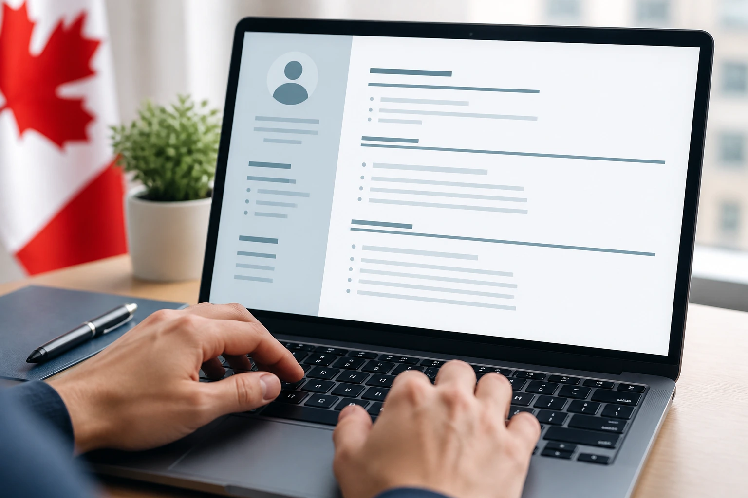 Close-up of hands typing on laptop with blank resume template on screen