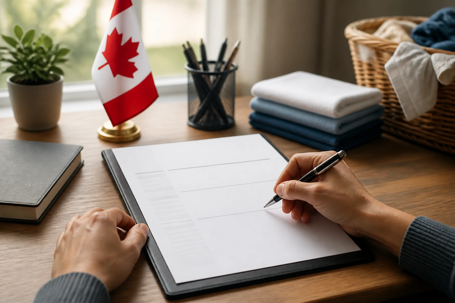 Close-up of a person drafting a blank resume sheet in a sunny home office