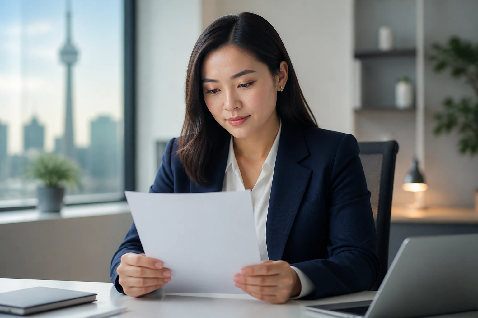 Medium close-up portrait of a professional in a modern office, conveying readiness for Canadian market resume standards