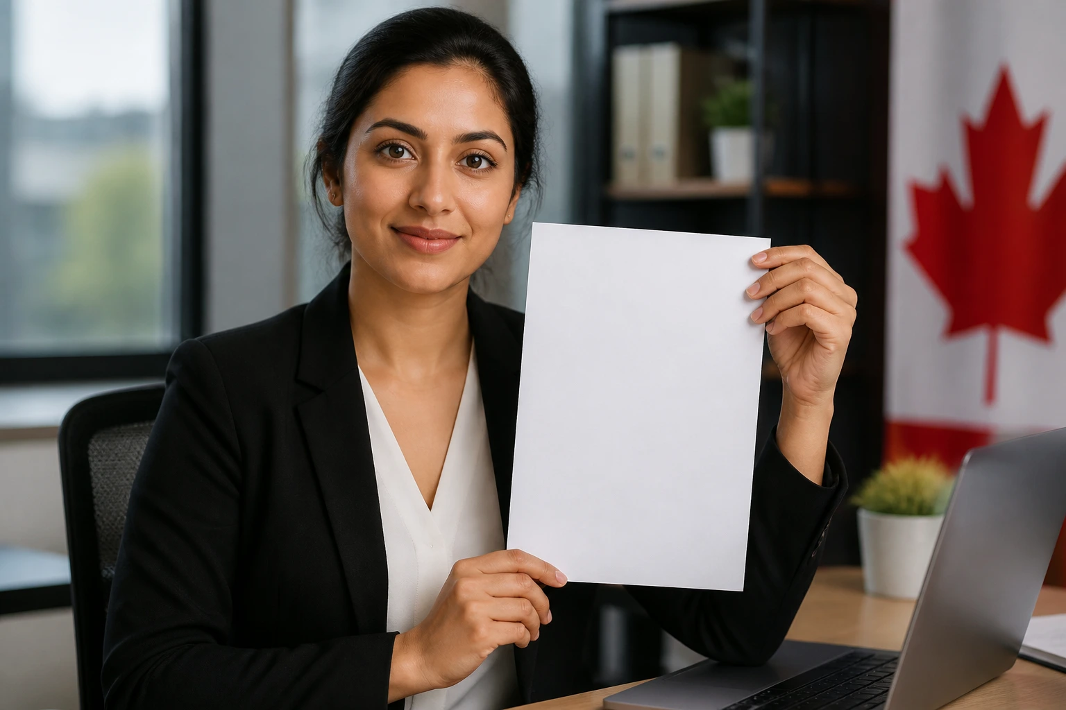 Close-up portrait of a professional holding a blank resume sheet in a real office