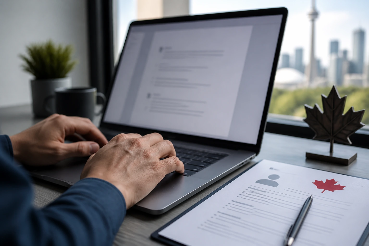 Hands typing on a laptop in a modern office, representing Canadian resume optimization