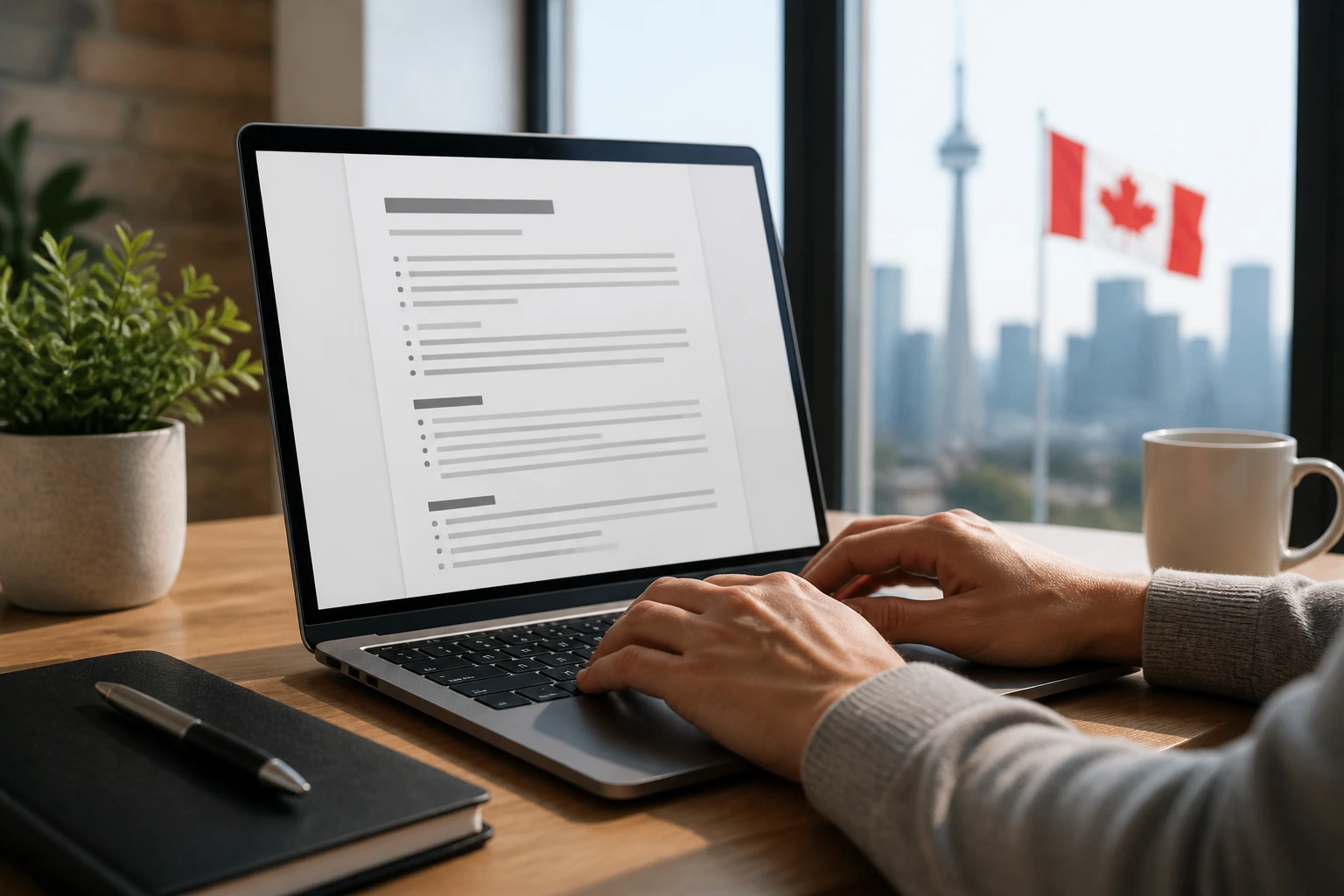 Close-up of a professional editing a resume on a laptop at a clean desk