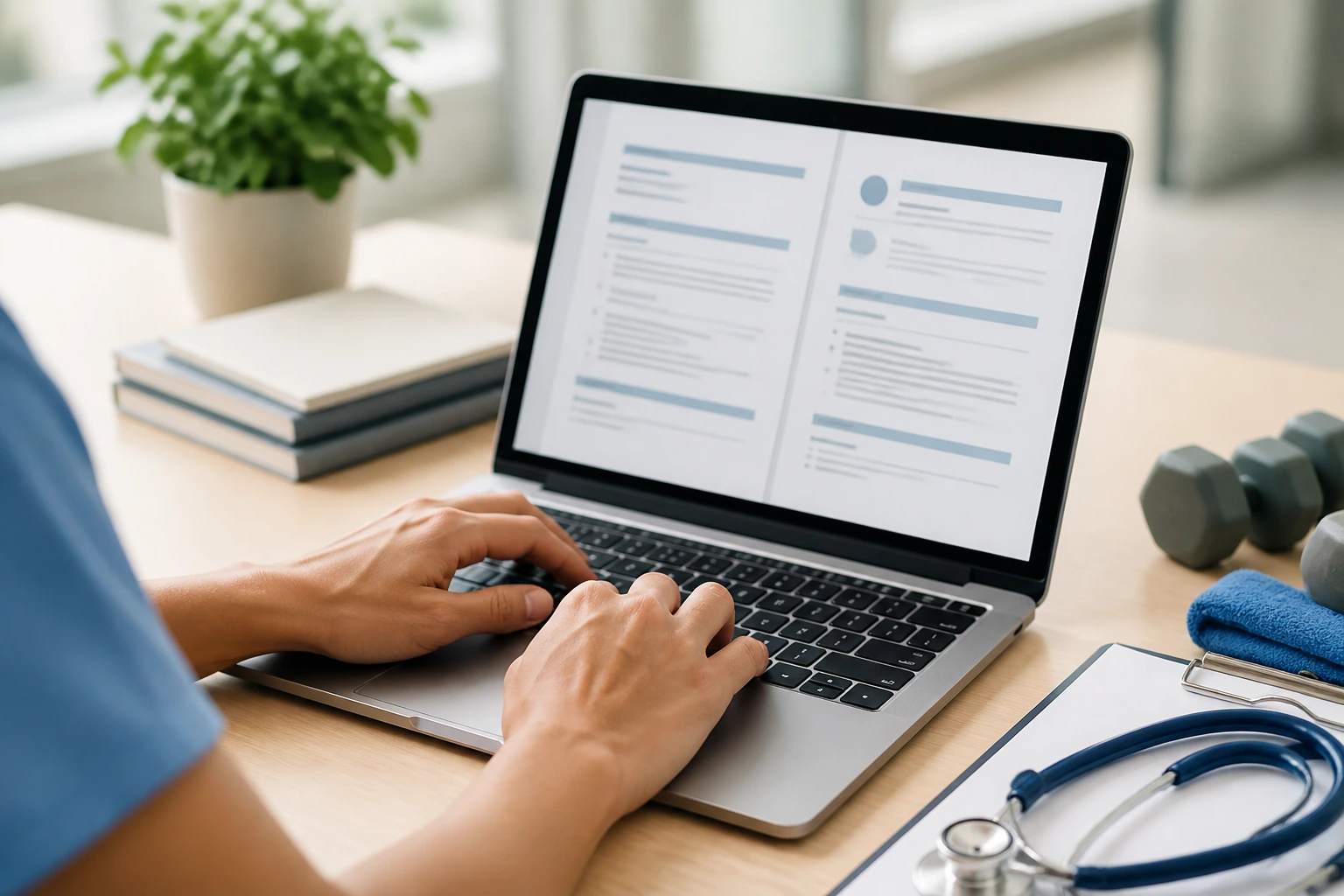Clinician crafting a Canadian-style resume on a laptop
