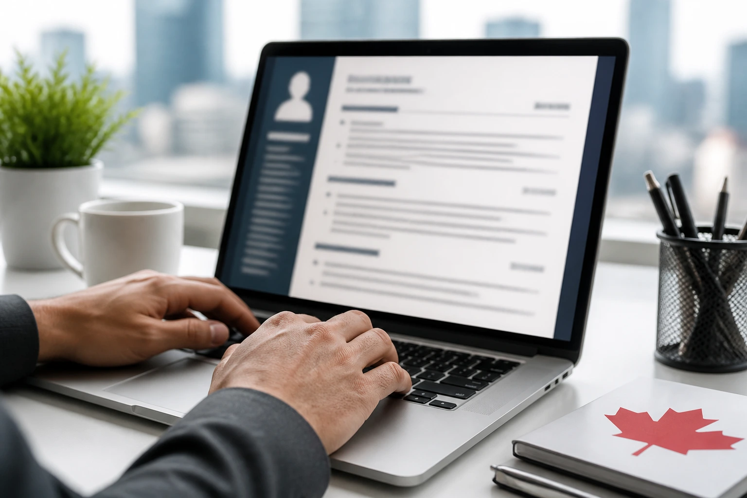 Hands typing on laptop with blurred resume on screen