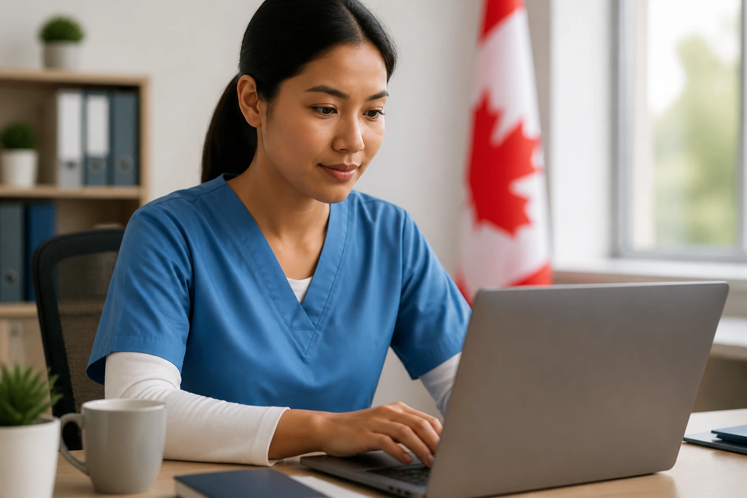 Professional writing a resume at a desk for the Canadian market