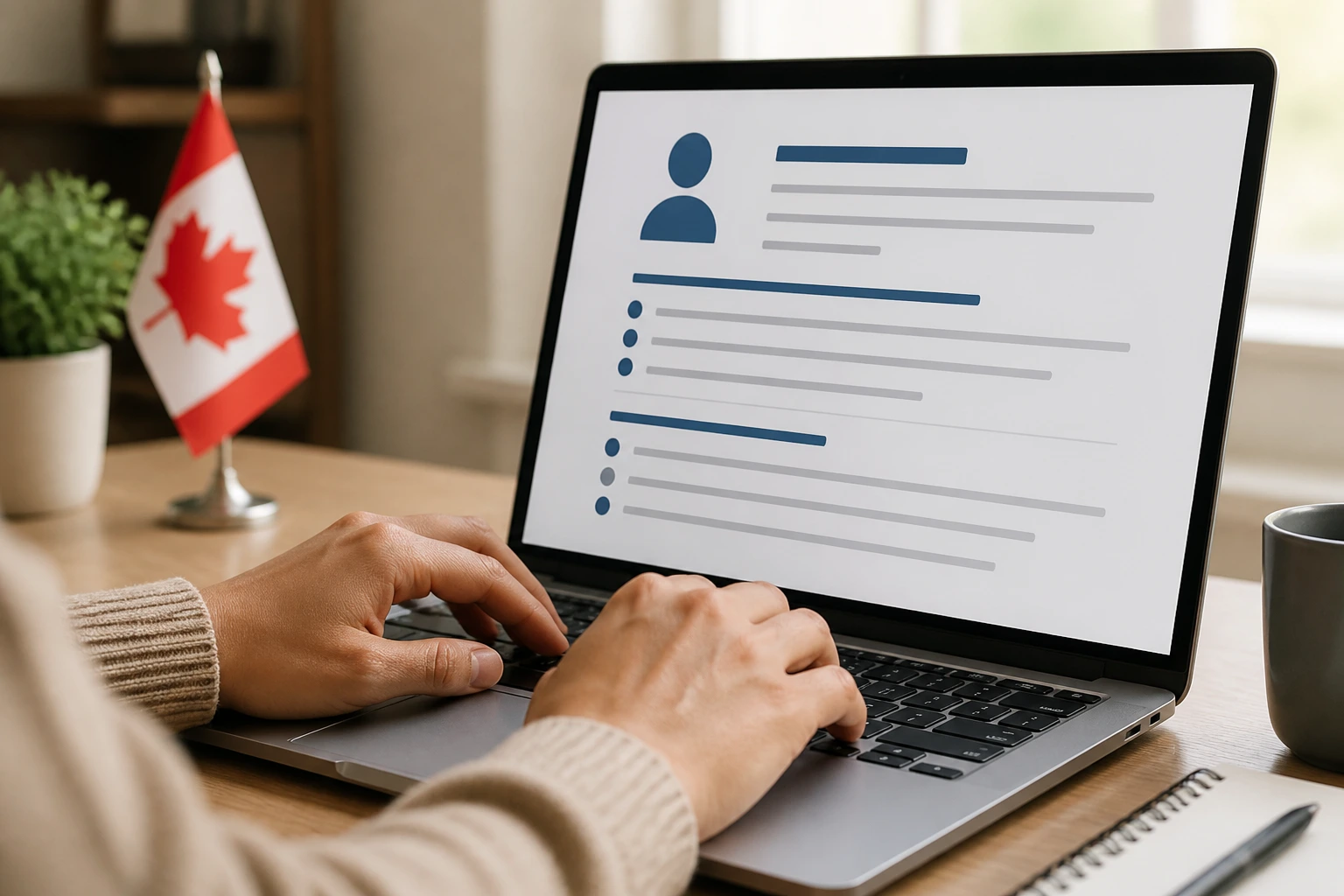 Close-up of hands typing on a laptop with a resume draft represented by bullet icons, in a quiet home office.