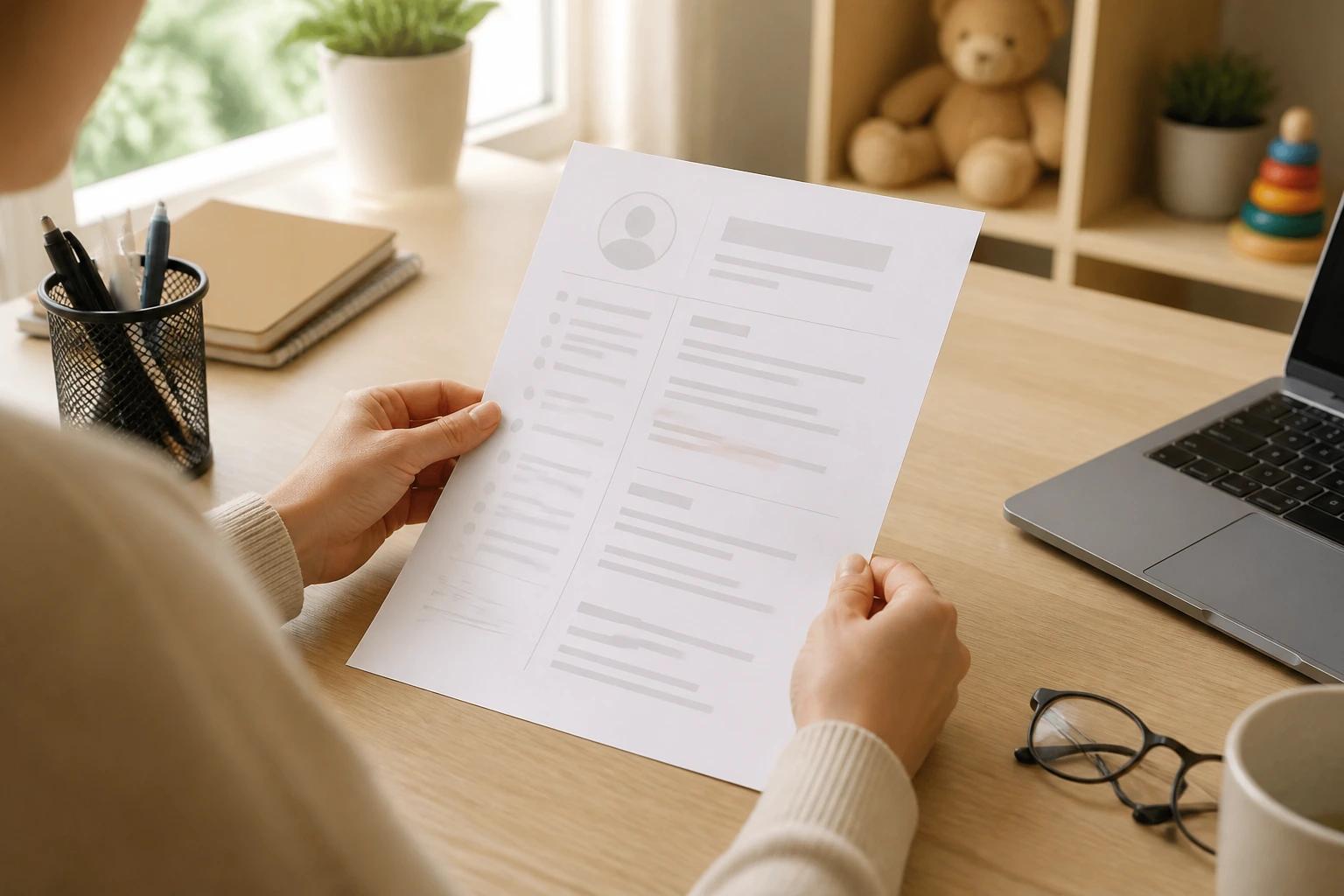Close-up of hands organizing a blank resume outline on a desk in a home office.