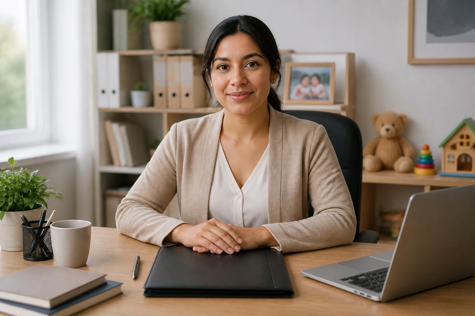 Real caregiver at a tidy desk with a blank portfolio ready for a resume review