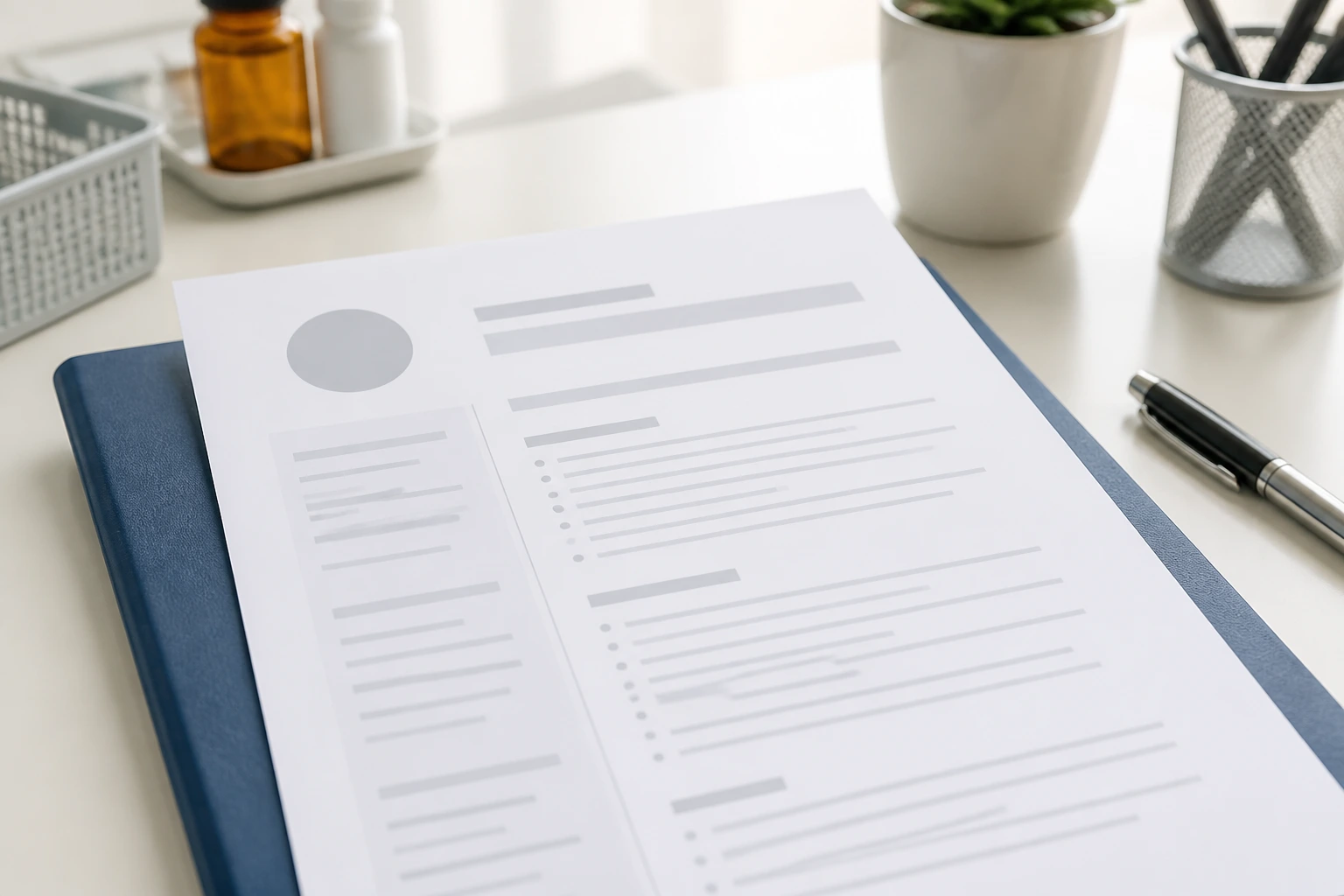 Blank resume sheet on a desk with no text, emphasizing clean detail