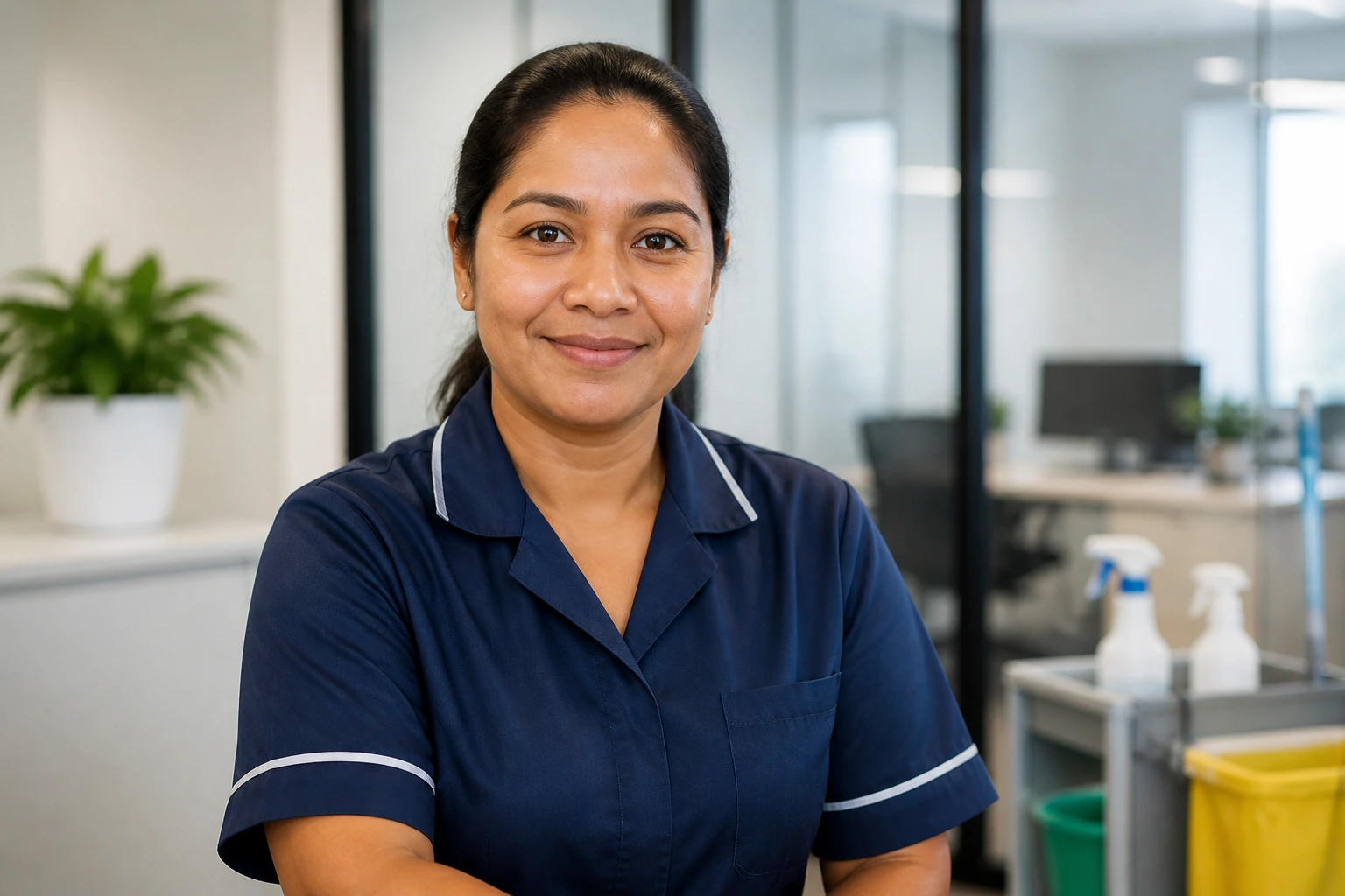 Cleaner in uniform in office-like setting representing practical resume approach