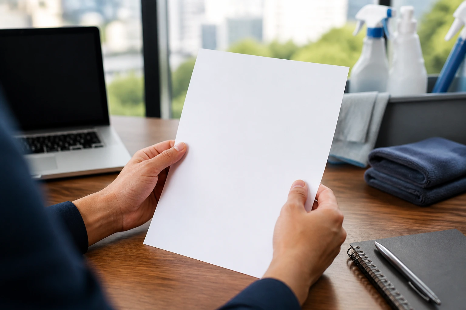 Hands holding a blank resume page on a desk.
