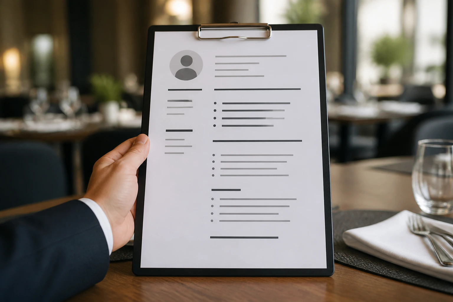 Close-up of a blank resume sheet on a clipboard in a café setting
