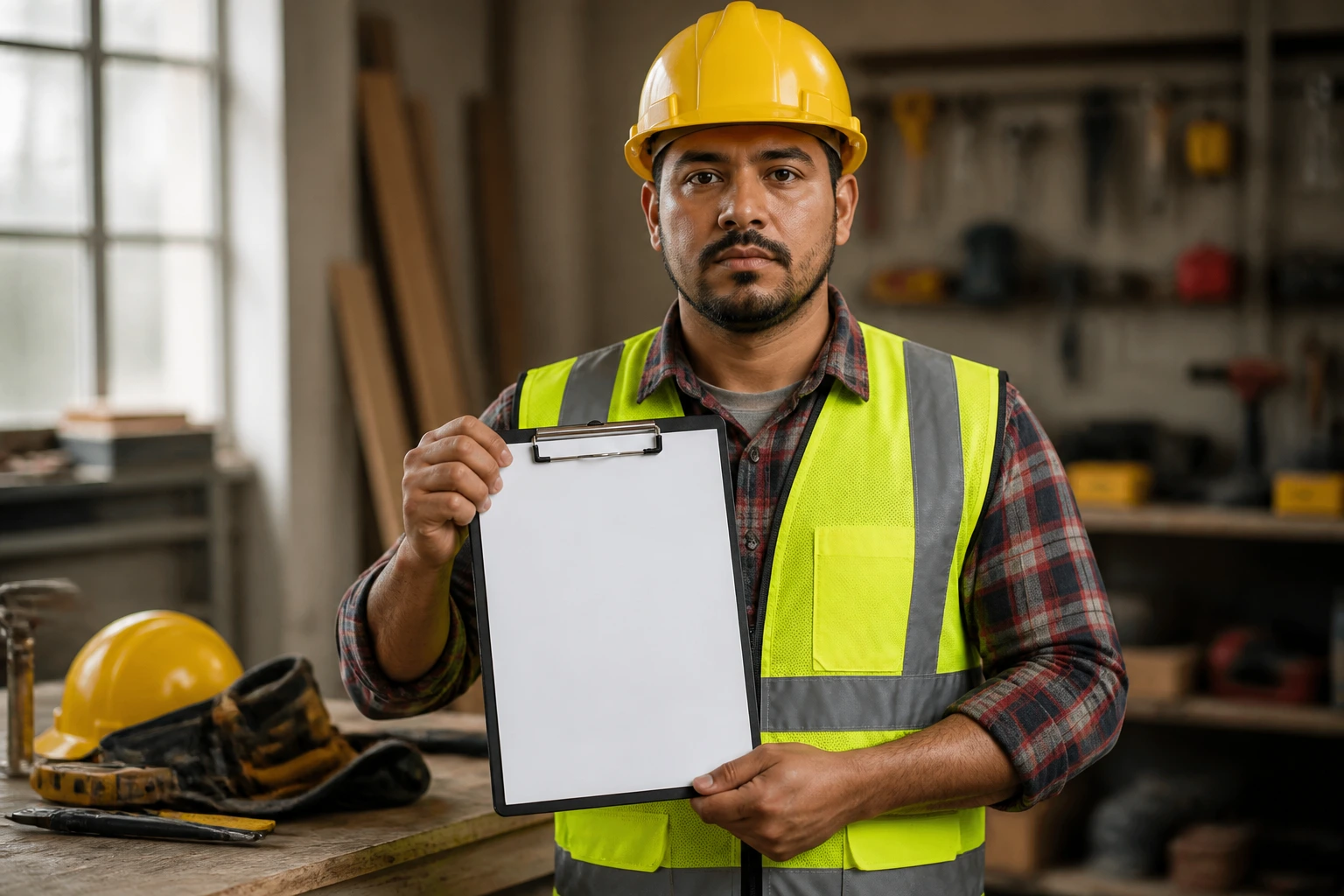 Construction worker holding blank clipboard beside workbench
