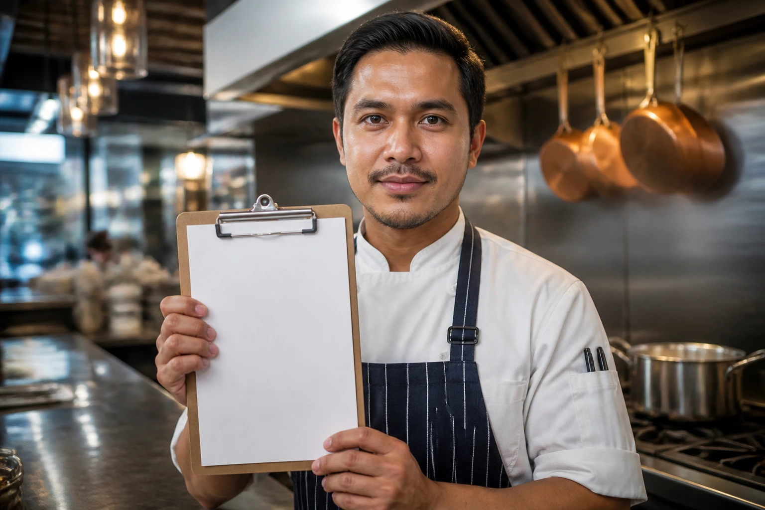 Close-up portrait of a foreign cook in a kitchen, holding a blank clipboard to imply resume writing, warm lighting