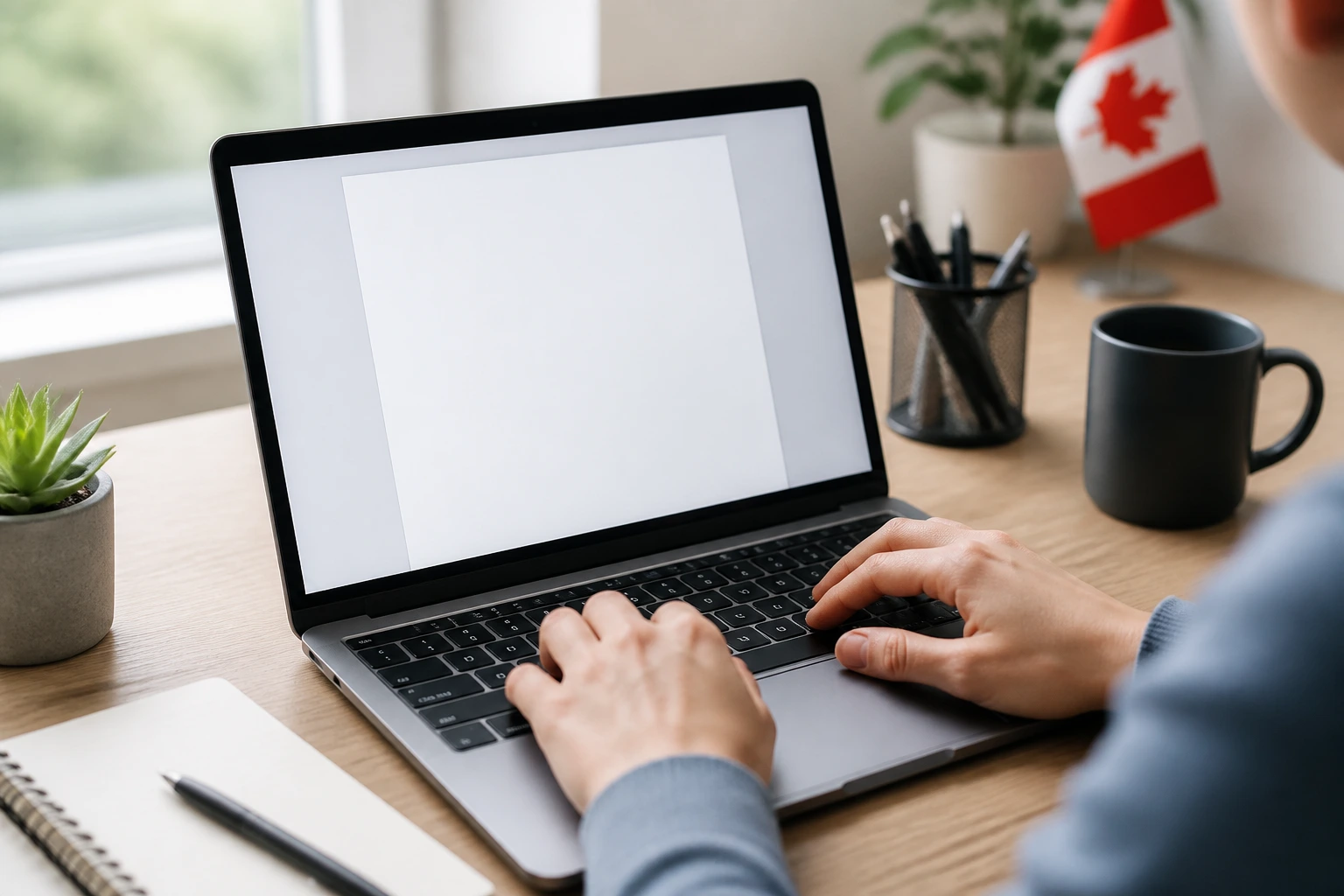 Person typing on a laptop with a blank document, representing Canadian resume and cover letter preparation