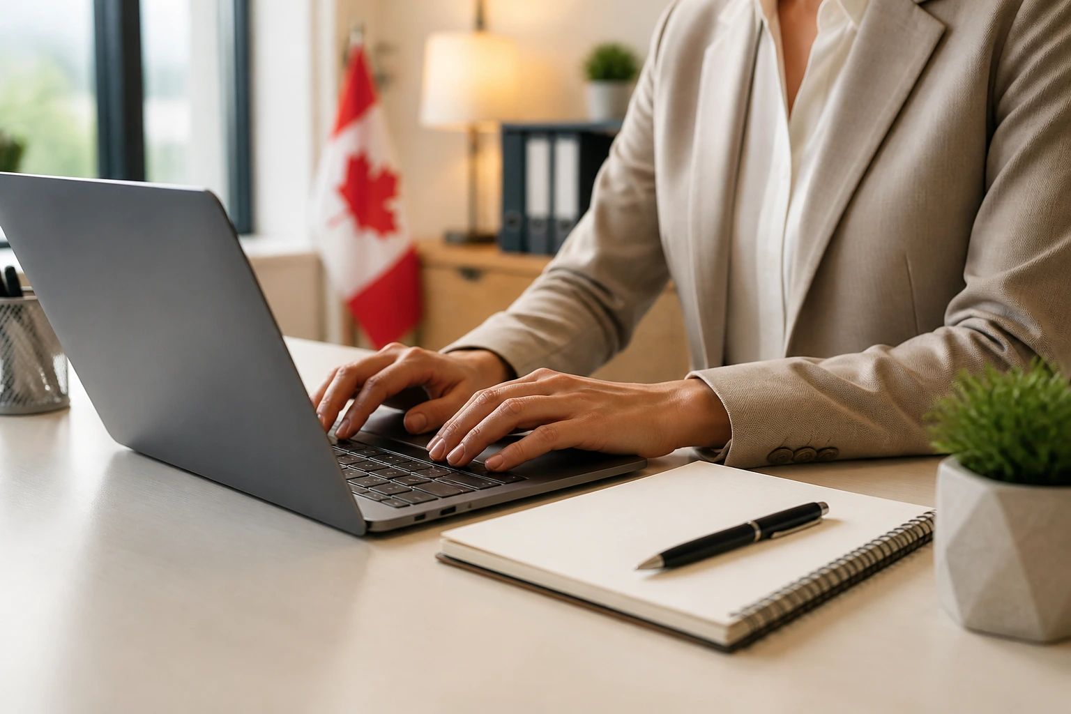 Medium close-up of a professional typing on a laptop with blank notebook, no text visible