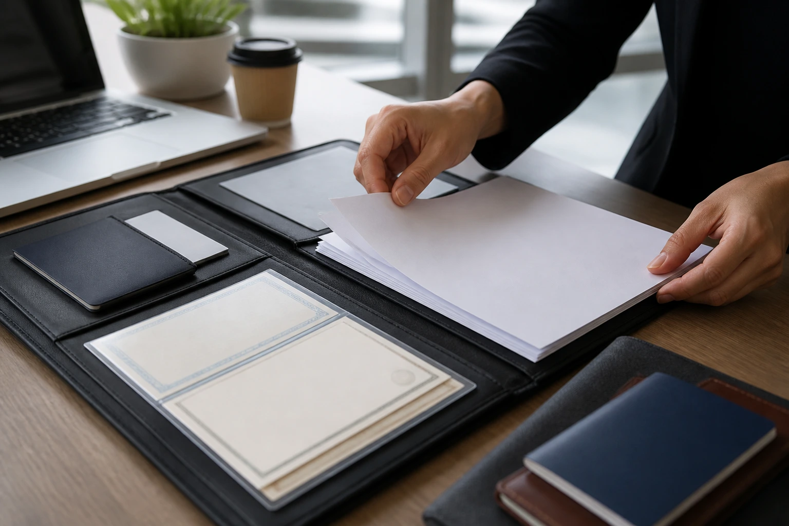 Hands arranging a professional job-document portfolio with blank resumes