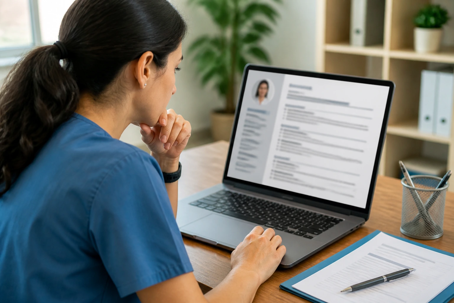 Close-up of a person reviewing a resume on a laptop, emphasizing concise formatting.