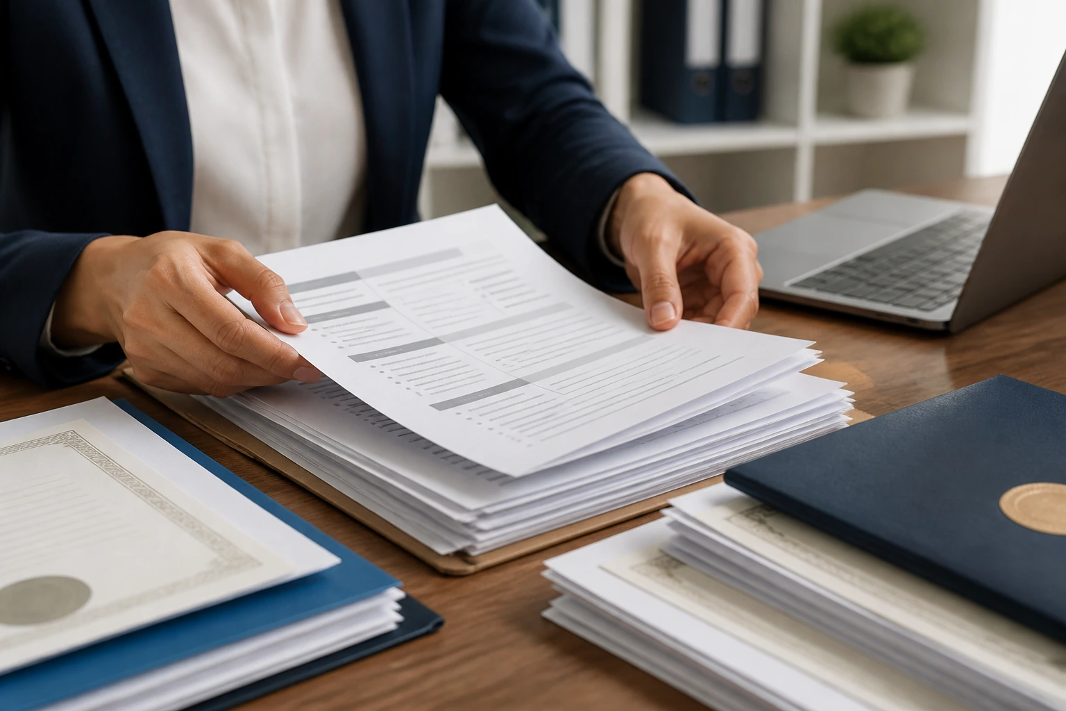 Close-up of hands arranging blank-form documents representing resumes and credentials.