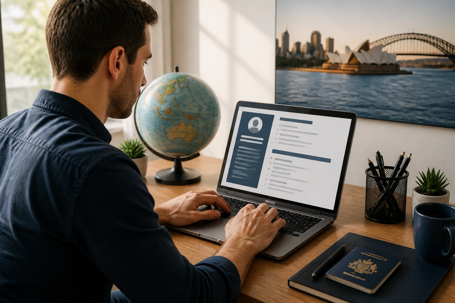 Professional editing a resume on a laptop in a clean office
