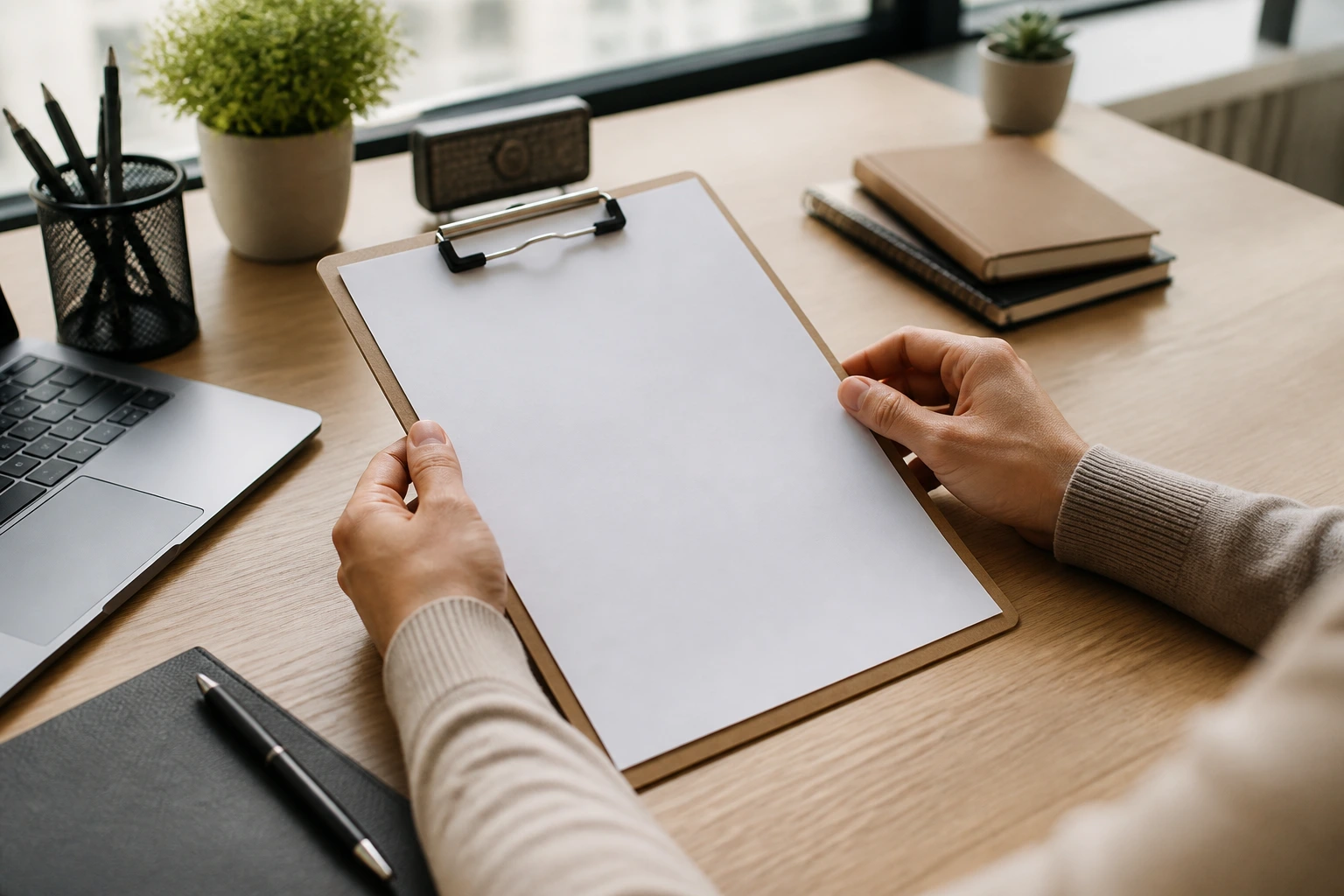 Close-up of hands drafting a resume on a blank sheet in a bright office, no text visible