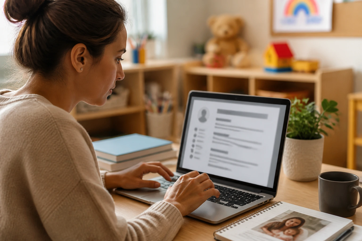 Person at desk focusing on laptop with blurred resume layout