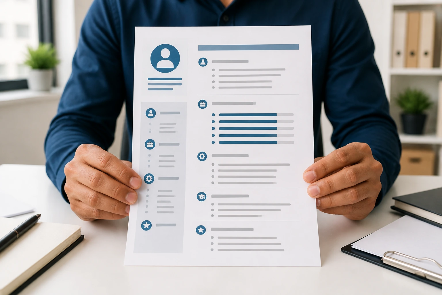 Close-up of a person presenting a resume with graphic bullets