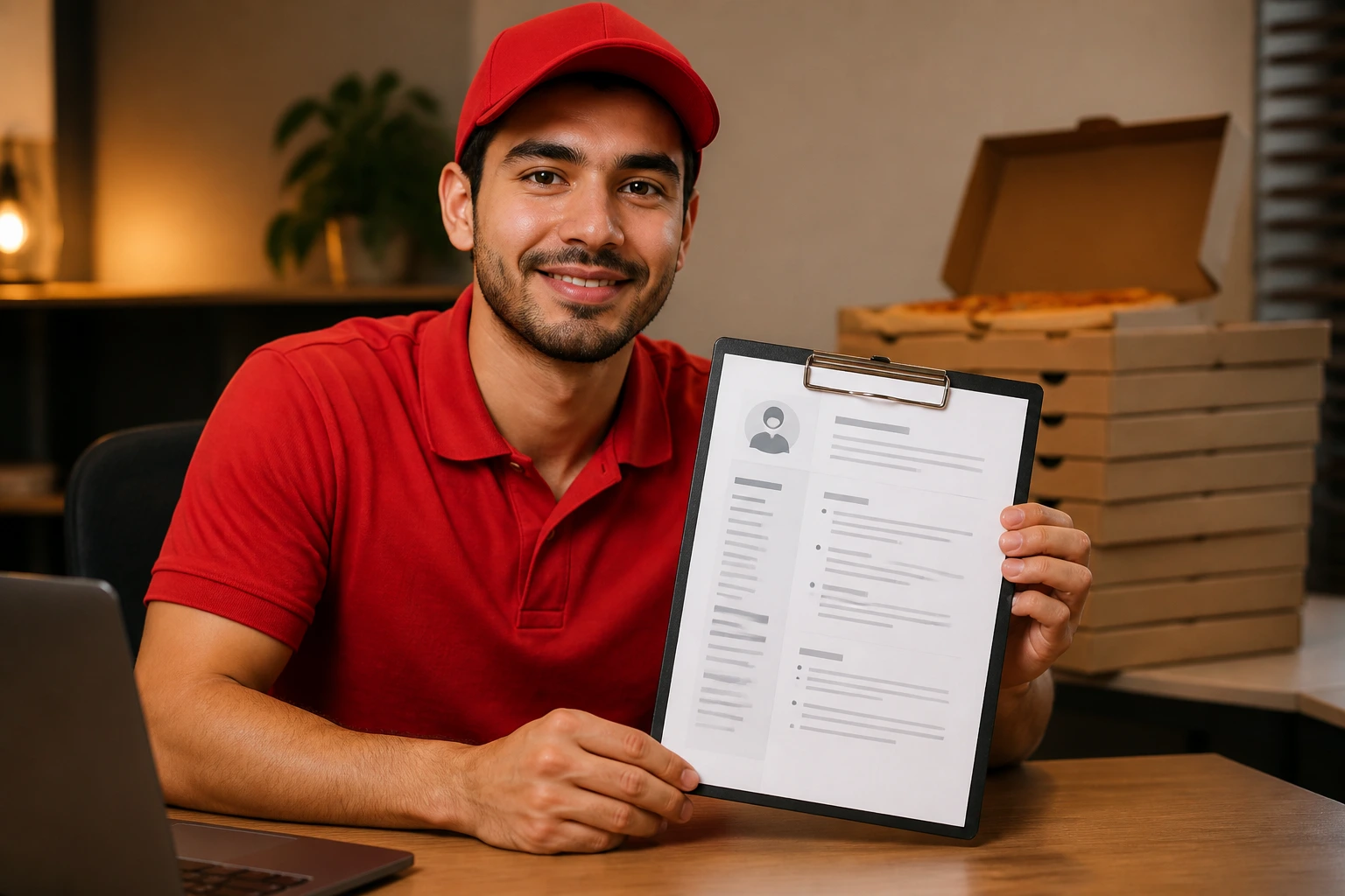 Person reviewing a resume on a clipboard in a warmly lit room