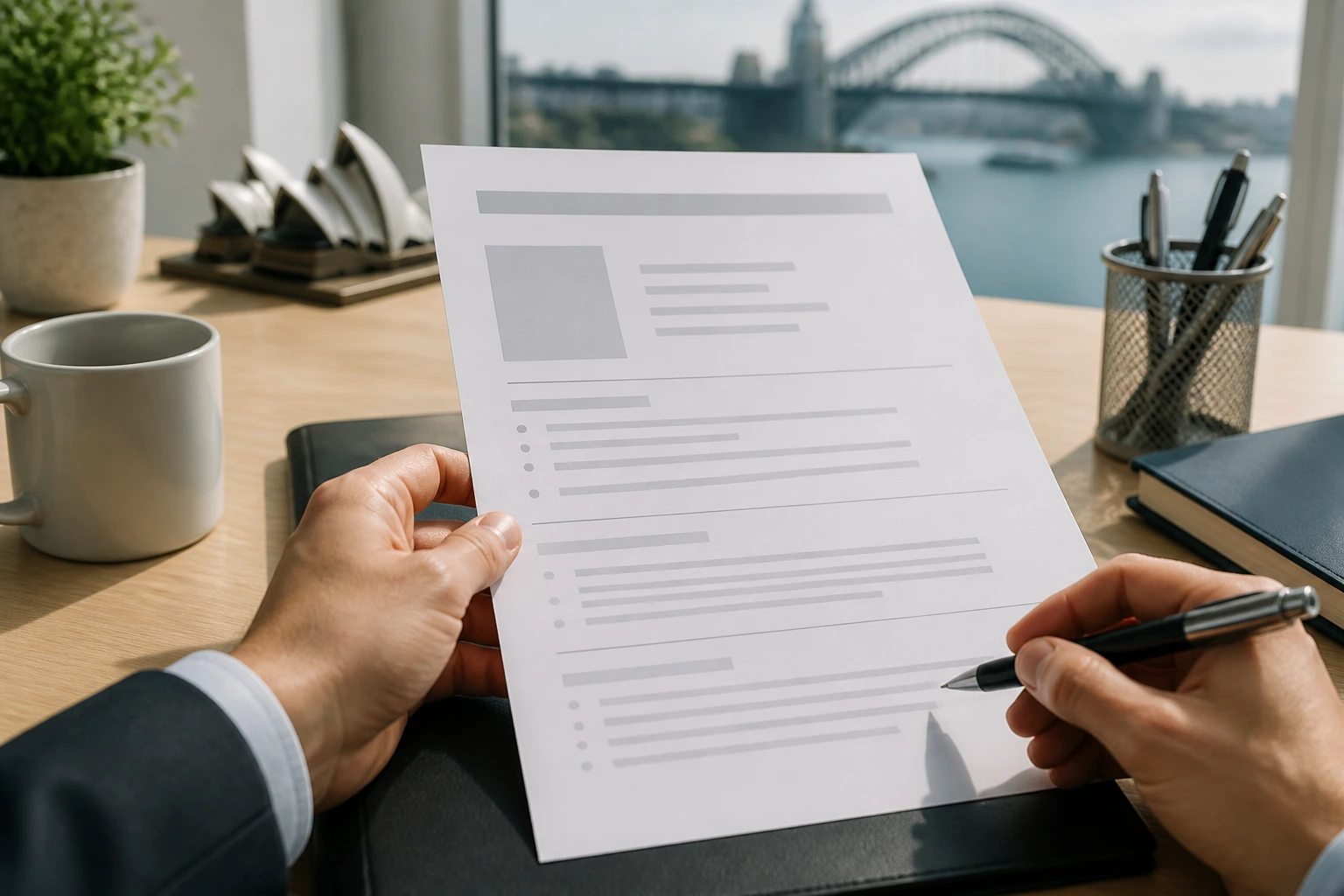 Close-up of a minimalist resume page on a desk with no visible text