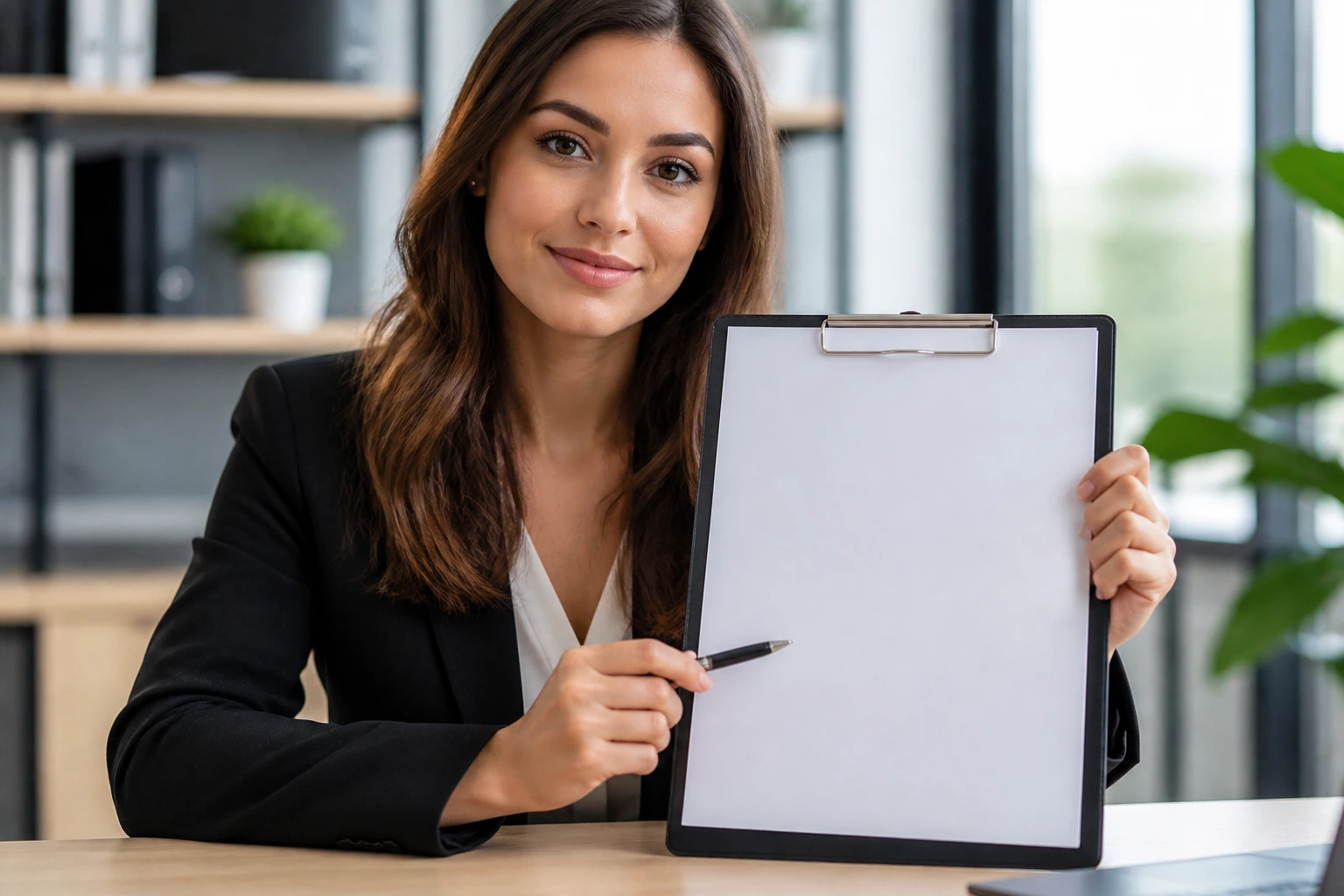 Professional at desk with a clipboard showing a blank sheet to imply resume details.