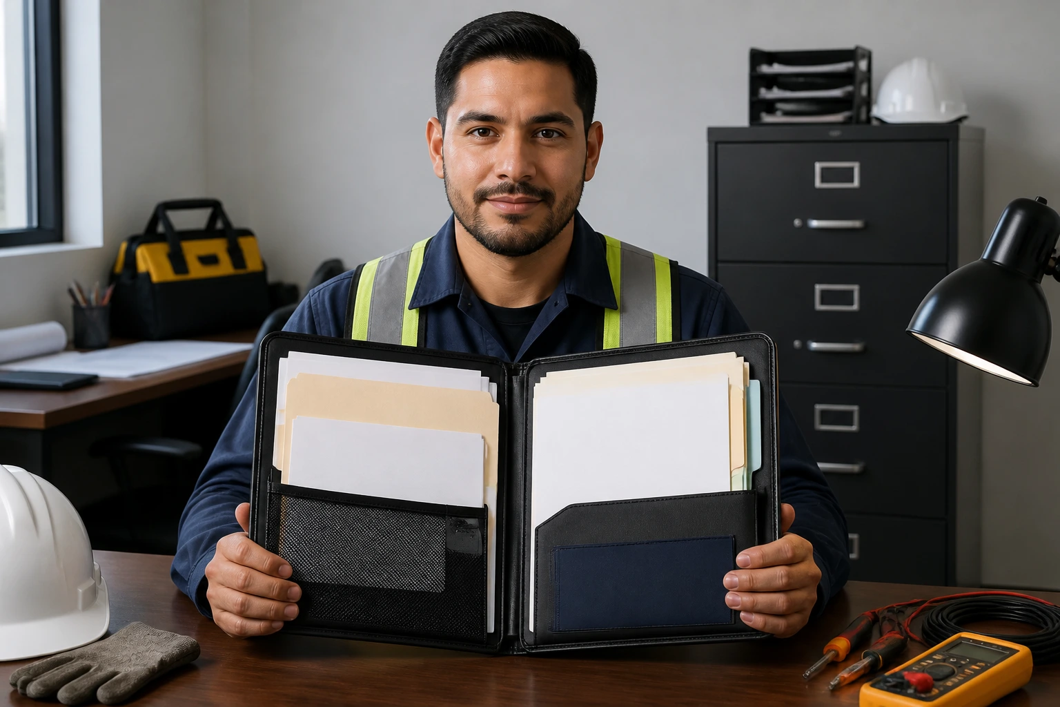 Real electrician with organized documents portfolio in an office