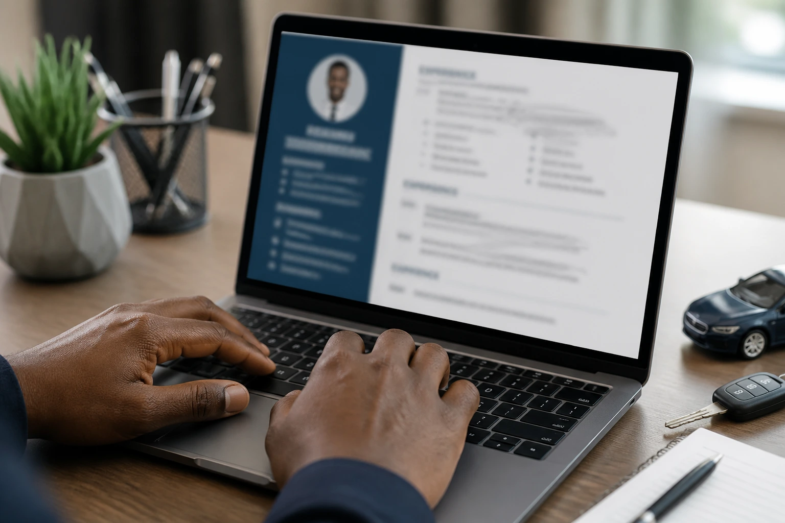 Hands typing on laptop with a blurred resume on screen