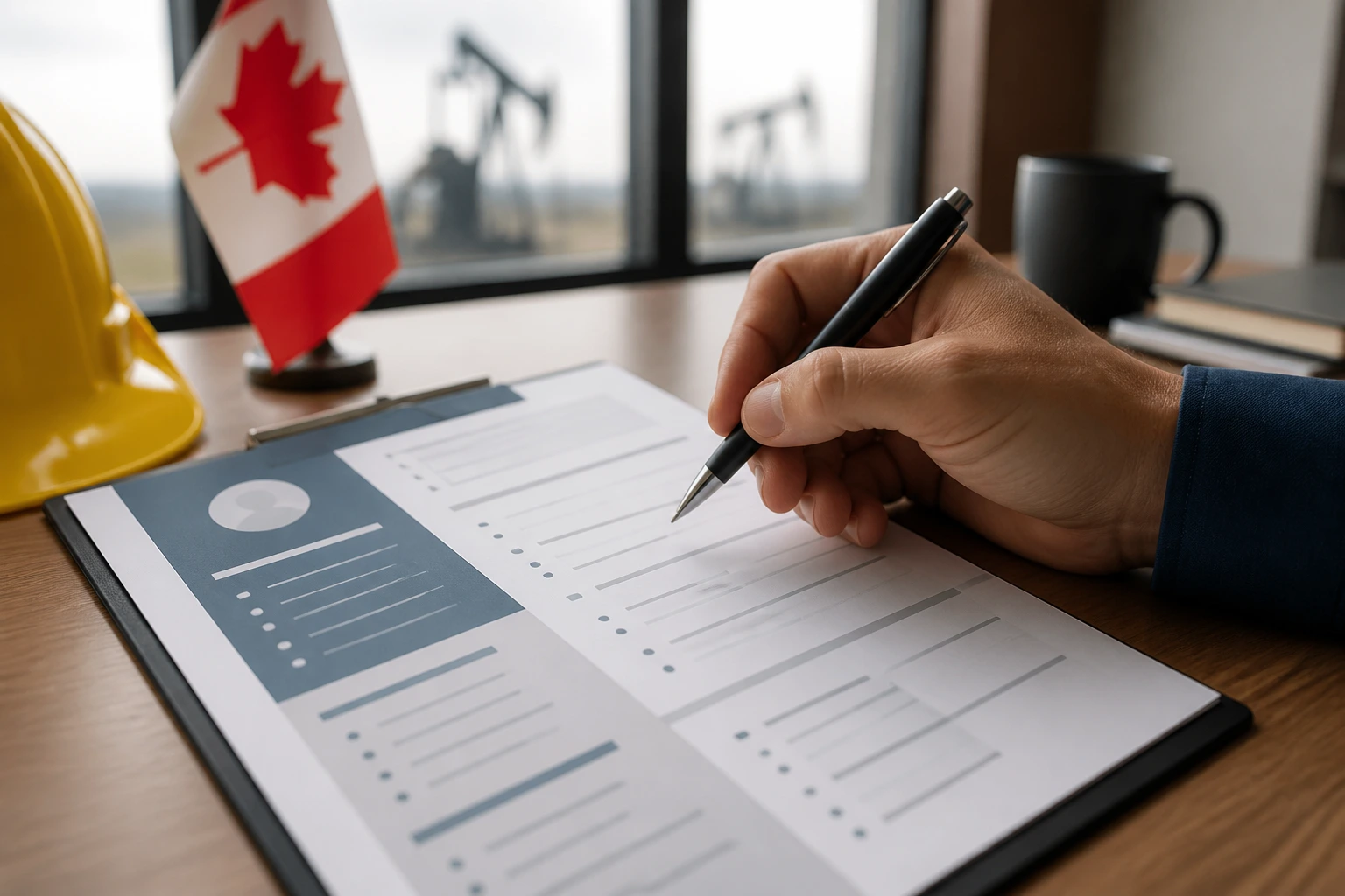 Close-up of a blank resume template on a desk with a hand poised with a pen