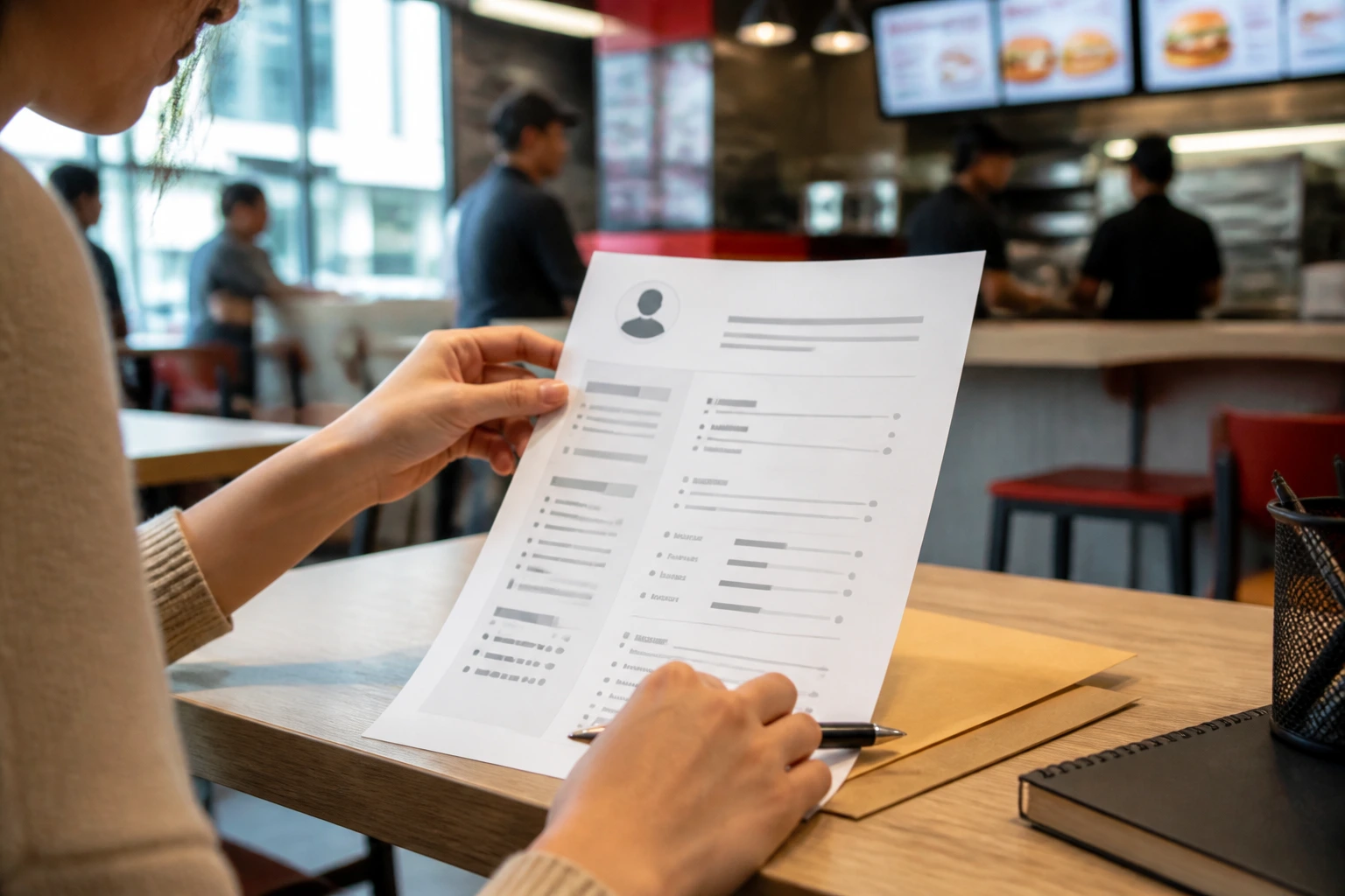 Close-up of a person handling a one-page resume for fast-food applications