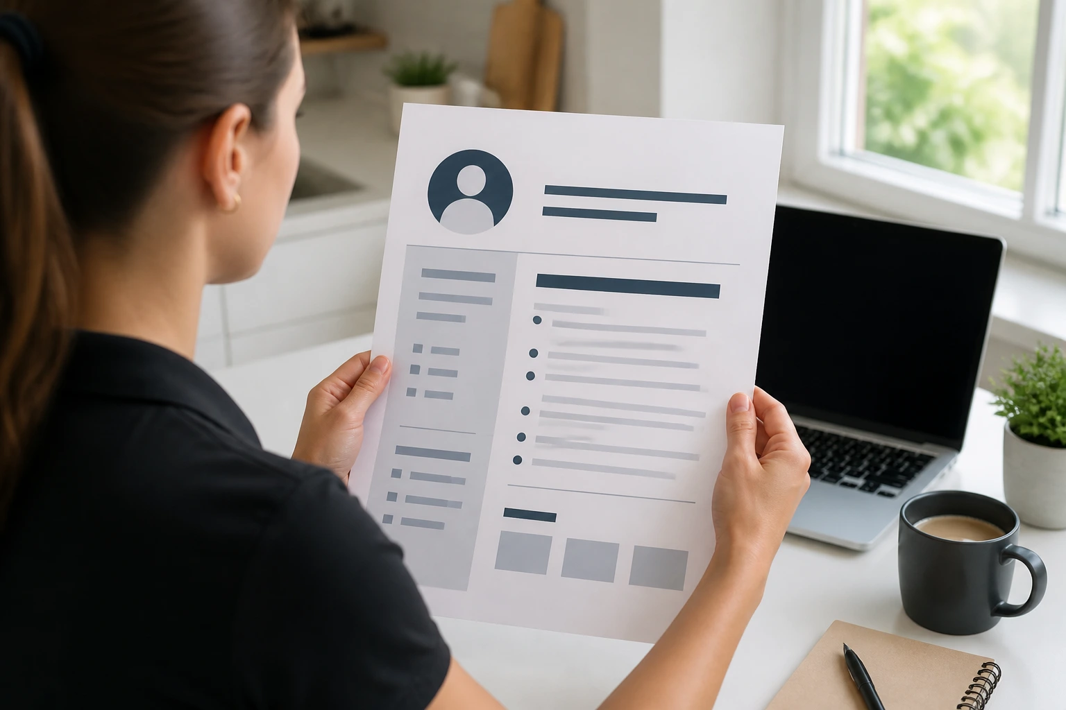 Person holding a blank, line-drawn resume sheet on a desk in a bright home office