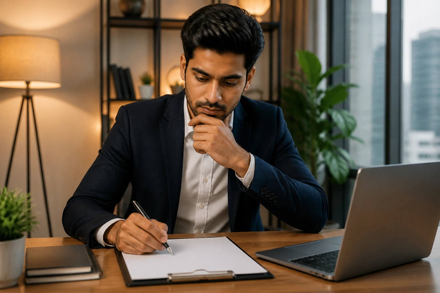 Portrait of a job seeker focusing on resume details in a professional setting