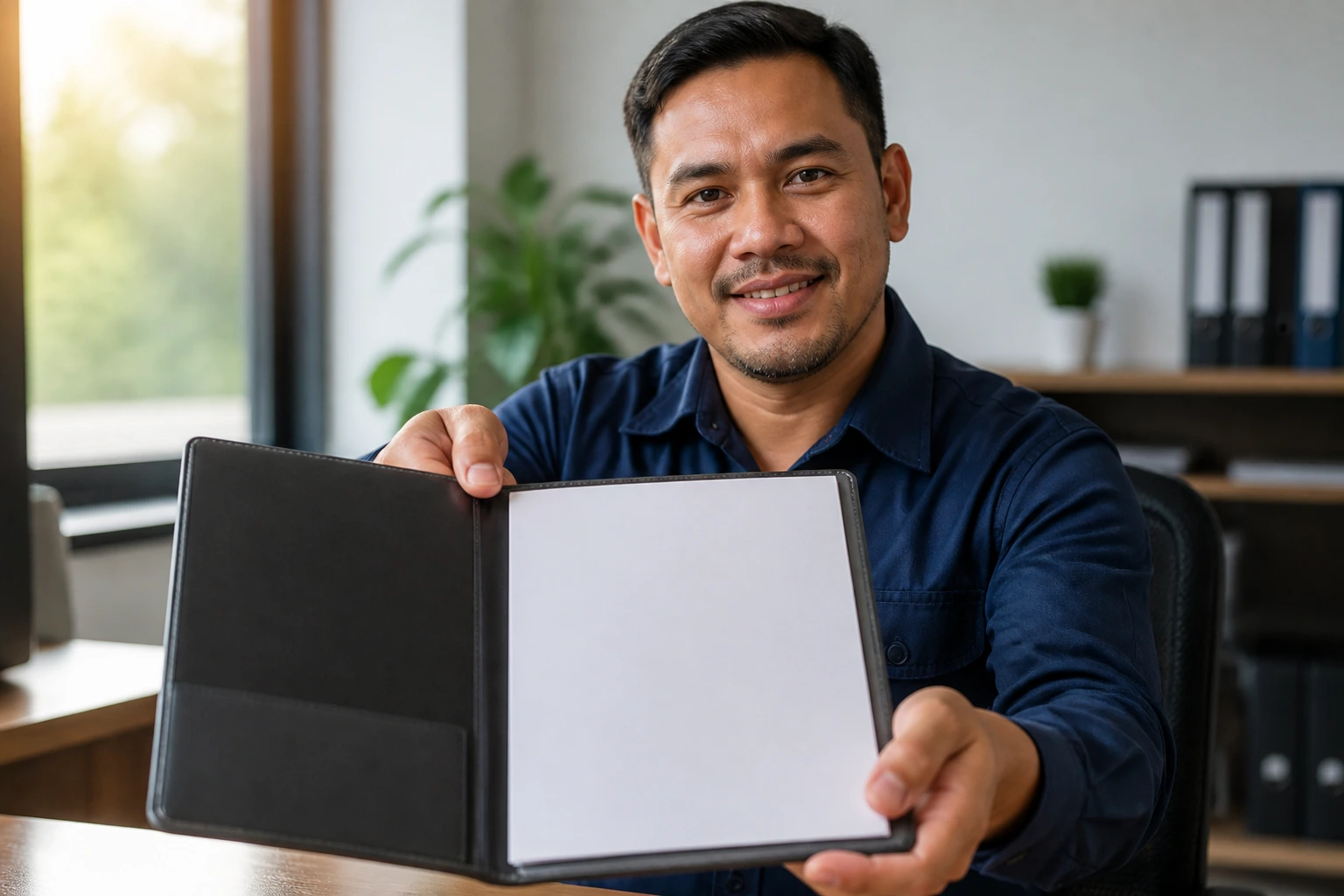 Person presenting a blank resume folder in an office