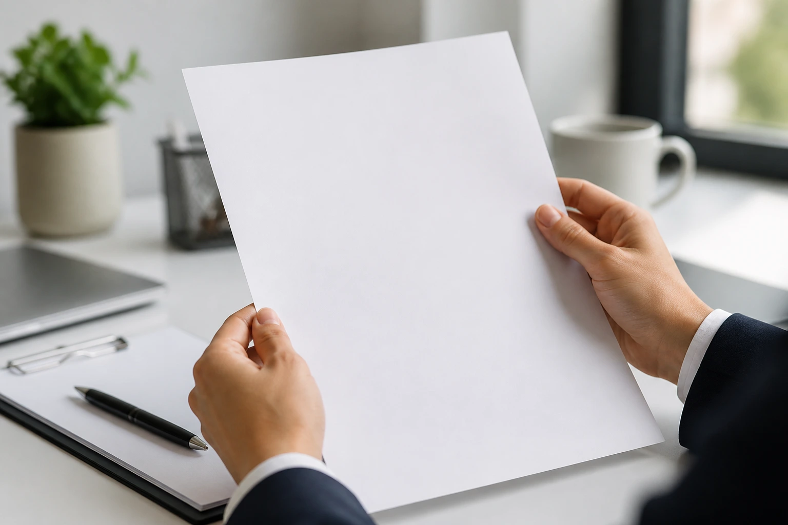 Hands holding a blank resume page on a clean desk.