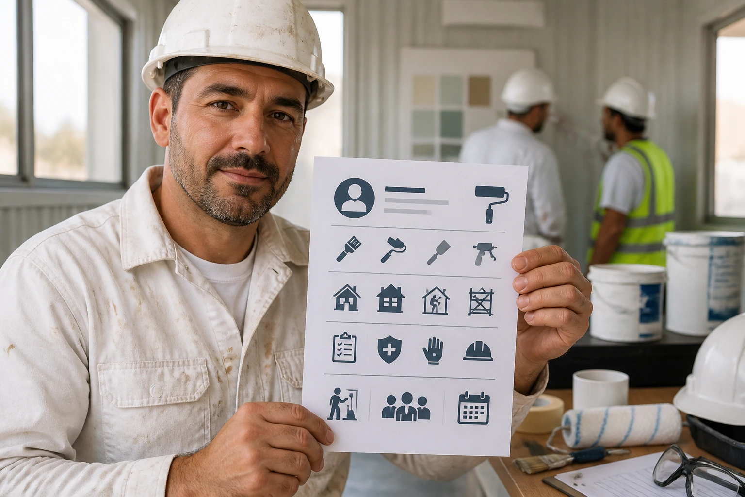 Person showing a resume filled with icons rather than text