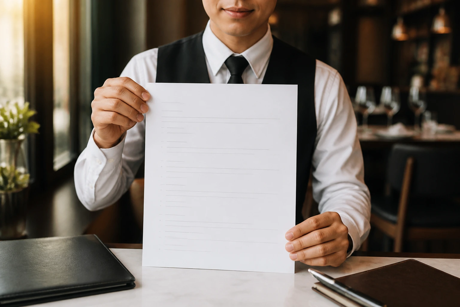 Close-up of a person holding a blank resume sheet with faint lines on a desk