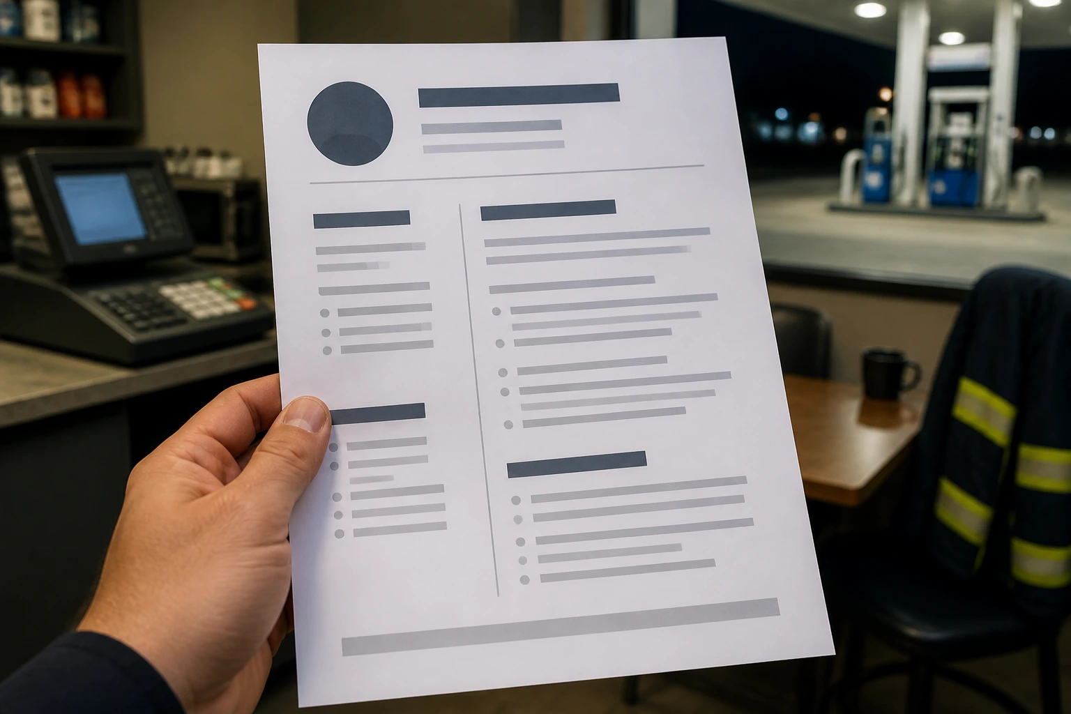 Close-up of a blank resume sheet with abstract blocks held in a gas station break room