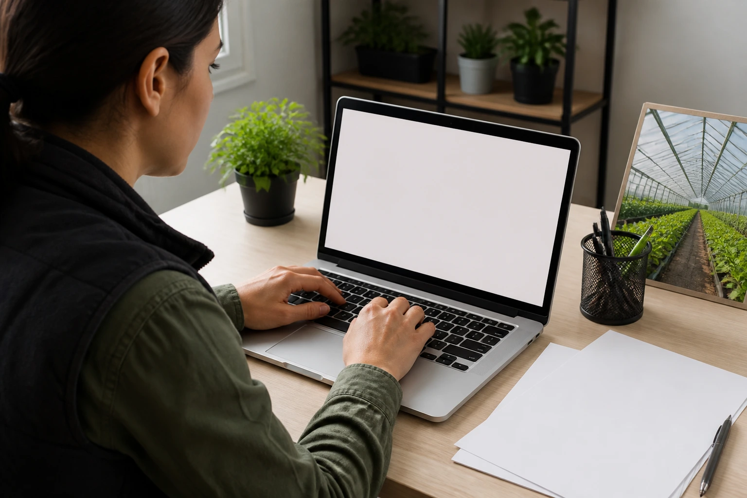 Person crafting a concise greenhouse resume at a clean desk