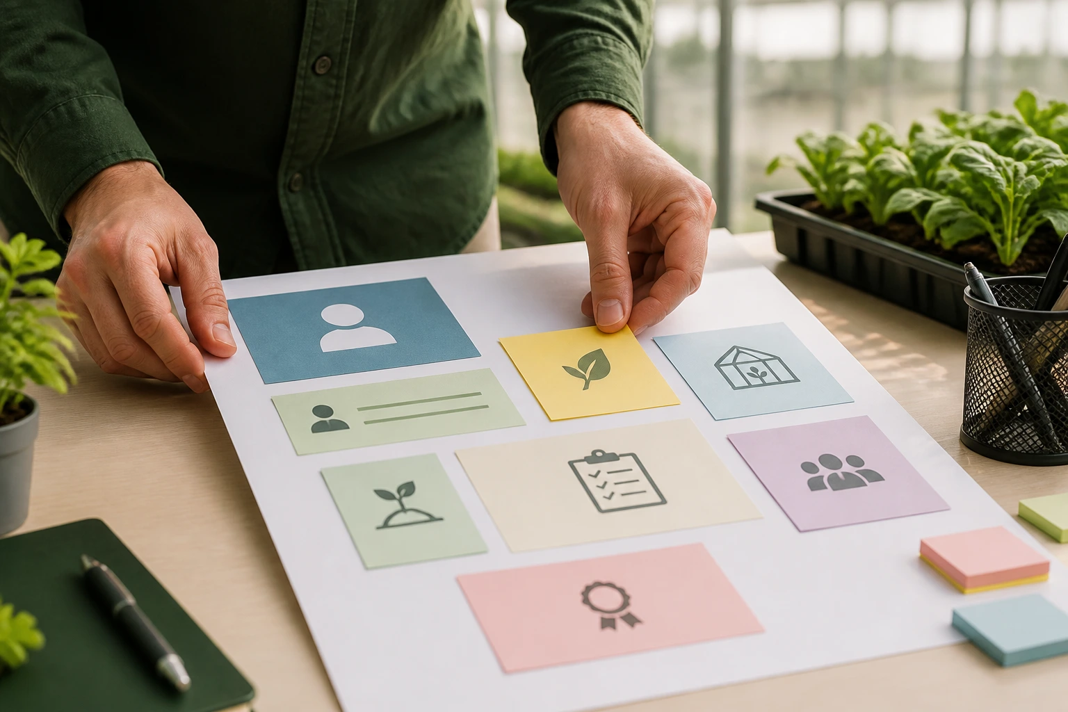 Hands organizing a concise, skill-focused greenhouse resume