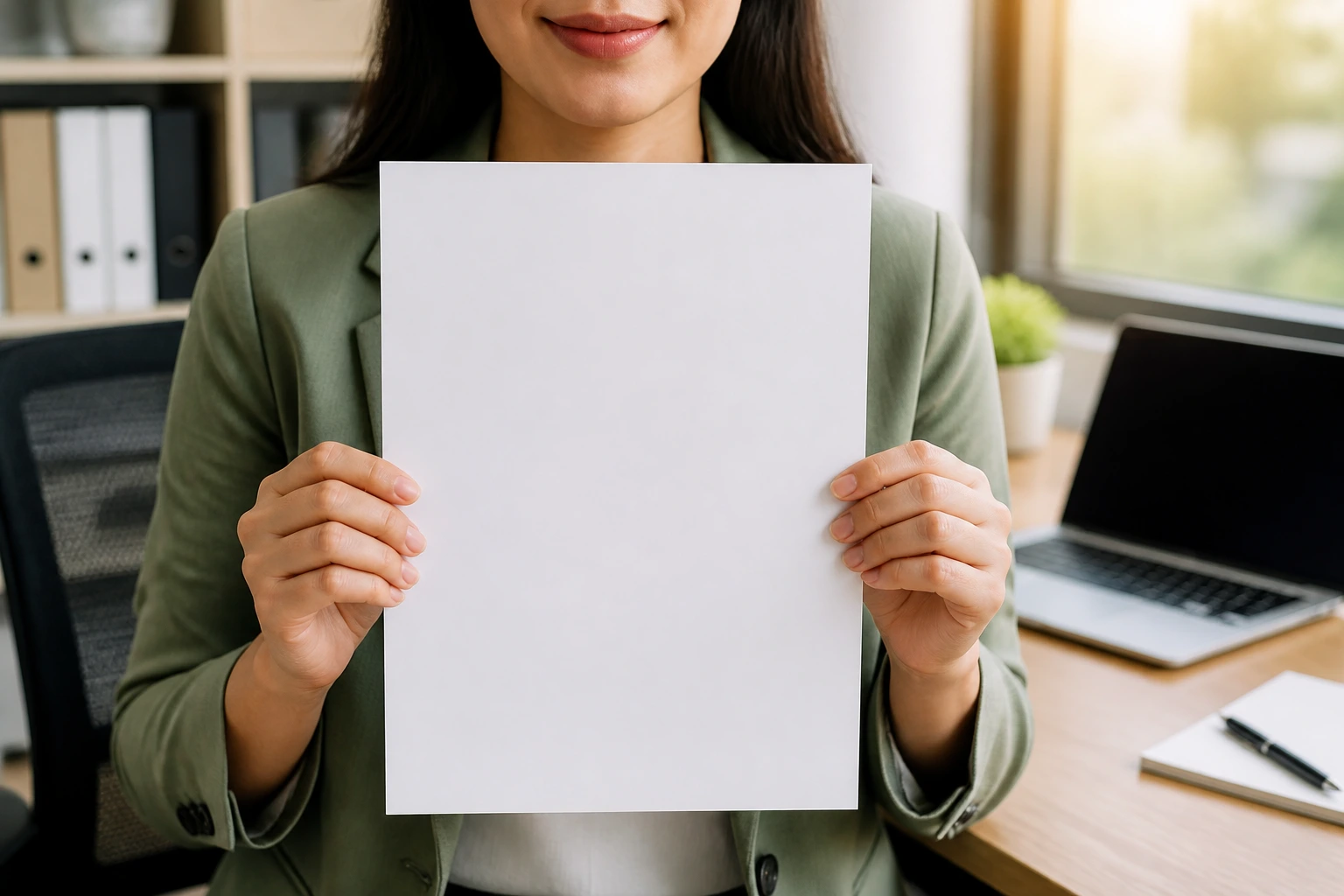 Portrait of a real person holding a blank resume page for grocery retail.